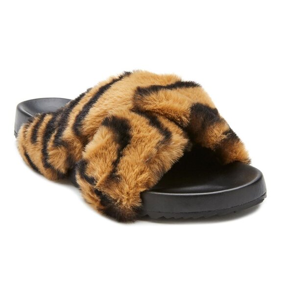 Size 8 Tan Zebra Print Vegan Slide Thick Faux Fur Lining Christmas Gift for Her - Picture 2 of 6
